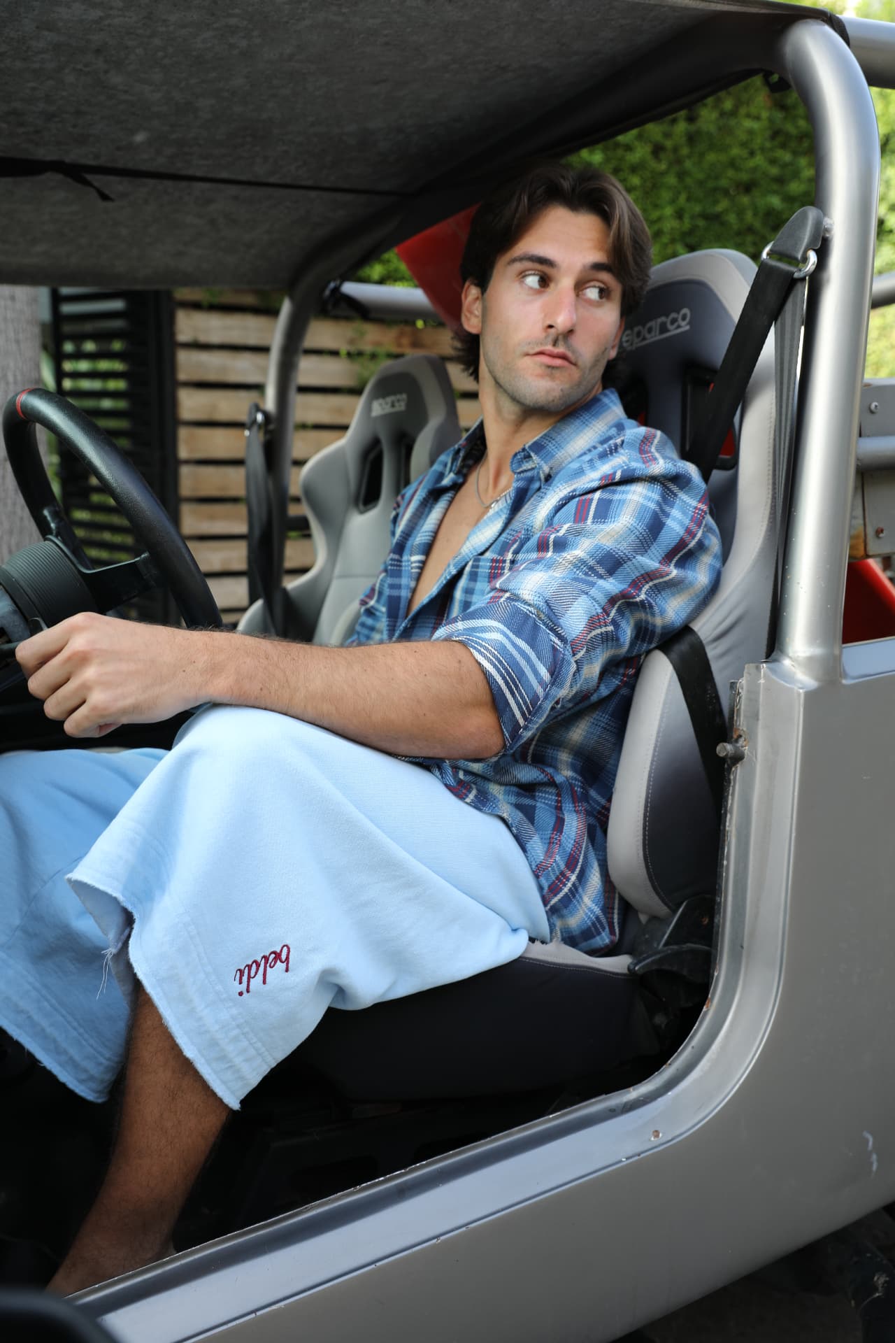 BELDI Azur shorts worn in a vintage dune buggy