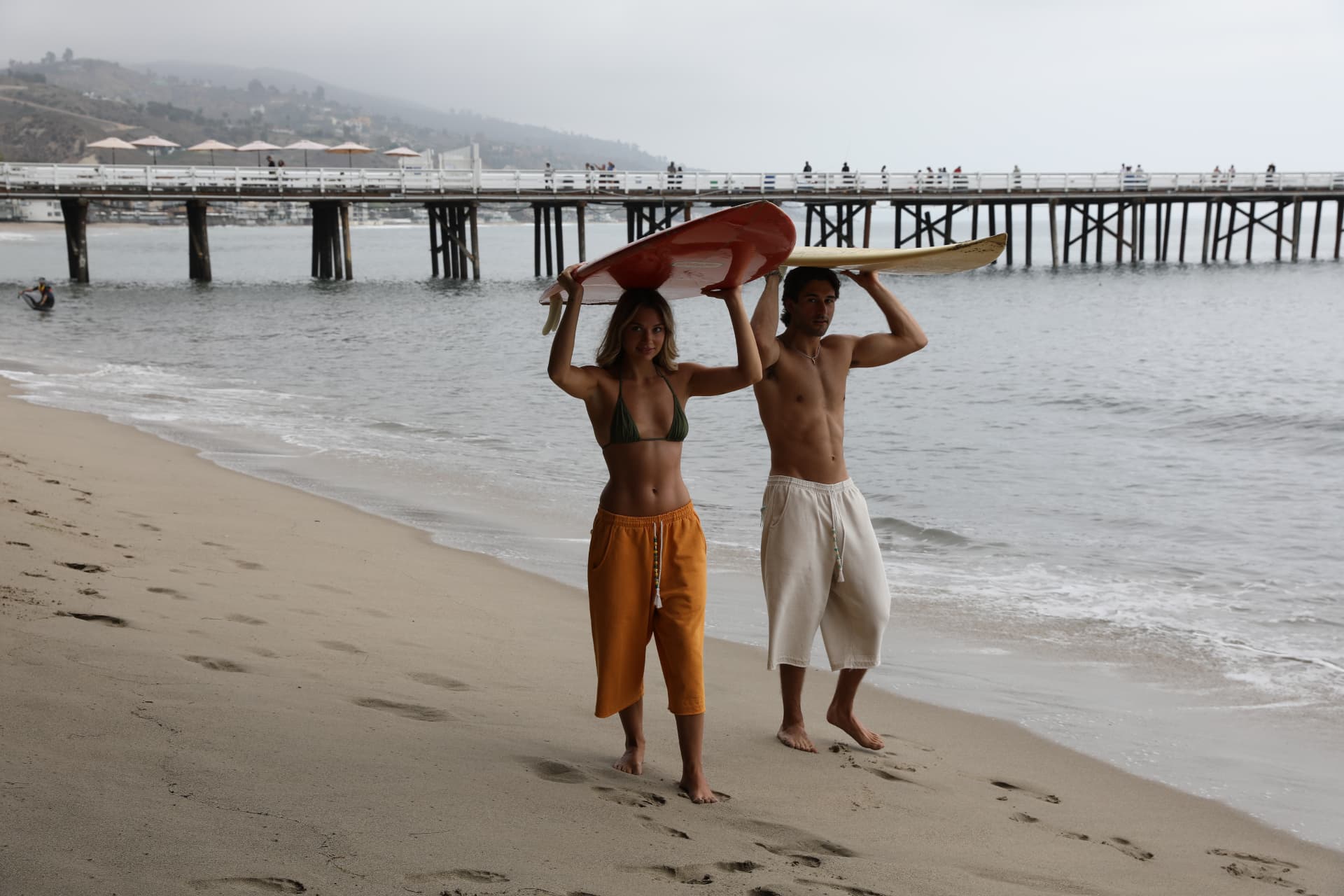 BELDI Ivory and Beldi shorts on the beach by the pier