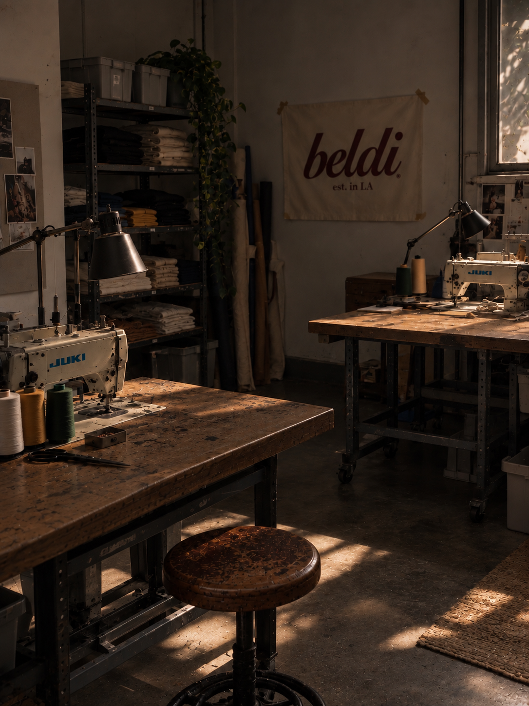 The BELDI atelier · the worktables, the sewing machines and the beldi banner in the morning light